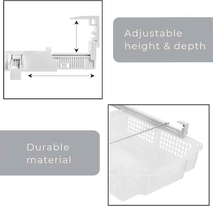 Smart Design Adjustable Pull Out Refrigerator Drawer - Extra Large - BPA Free Plastic - Holds 20 lbs - Extendable Sliding Fridge Bin, Freezer, Pantry Food Holder Storage Organizer - Kitchen - Clear