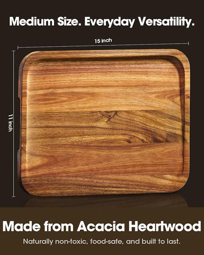 Starkbear Acacia Wood Cutting Board 15x11 Inch, Core-Cut Wooden Chopping Block for Kitchen with Sloped Juice Groove, Sleek Reversible Charcuterie Cheese Serving Tra