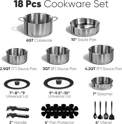 CAROTE 18pcs Stainless Steel Cookware Set with Detachable Handle, Nonstick Pots and Pans Set, Induction Kitchen Cookware Sets with Removable Handle, RV Cookware Set, Oven Safe, Camping Cookware, Black