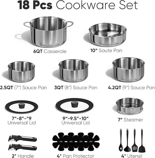 CAROTE 18pcs Stainless Steel Cookware Set with Detachable Handle, Nonstick Pots and Pans Set, Induction Kitchen Cookware Sets with Removable Handle, RV Cookware Set, Oven Safe, Camping Cookware, Black