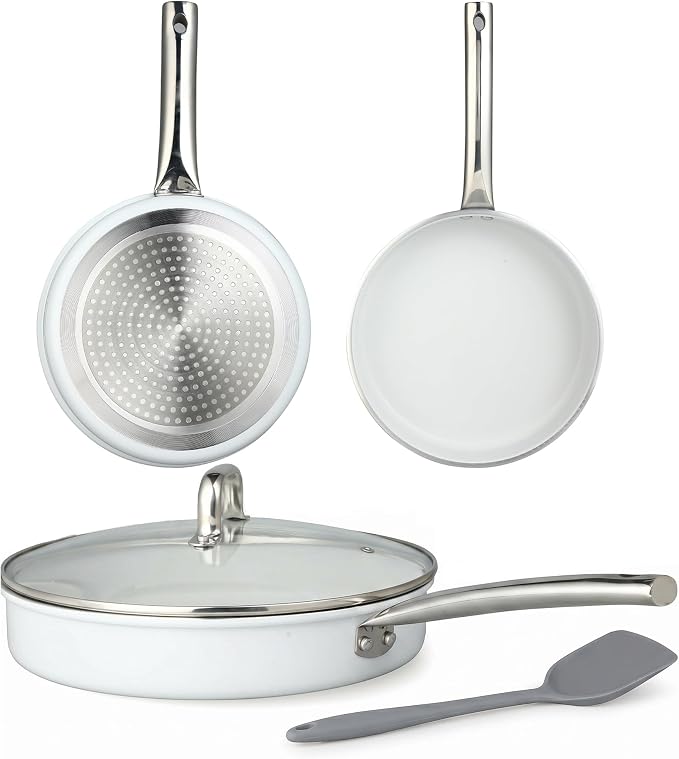 5 Piece Nonstick Cookware Set, Aluminum Frying Pan Set with Glass Lid and Silicone Turner, PFAS and PFOA Free, Induction Compatible Pots and Pans for All Stovetops