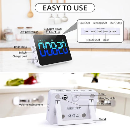 PERSUPER Kitchen Digital Timer, Count Down Up, Rechargeable, Vibration Mode Adjustable Volume and Brightness LED Display, Time Management Cook, Desk, Kids Adults Study Teaching, Kitchen Gadgets Blue