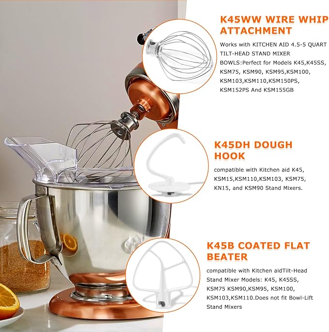 3 Pack Mixer Attachments for Kitchen Aid 4.5-5 Quart Tilt-Head Stand Mixers, Heavy-Duty Metal,Includes K45DH Dough Hook, K45B Flat Beater,K45WW Wire Whip, Dishwasher Safe Replacement Kit by TOMOON