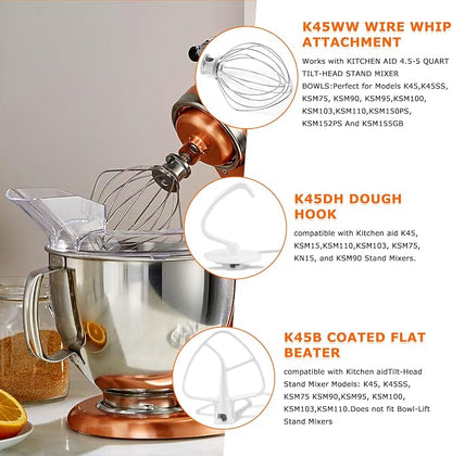 3 Pack Mixer Attachments for Kitchen Aid 4.5-5 Quart Tilt-Head Stand Mixers, Heavy-Duty Metal,Includes K45DH Dough Hook, K45B Flat Beater,K45WW Wire Whip, Dishwasher Safe Replacement Kit by TOMOON