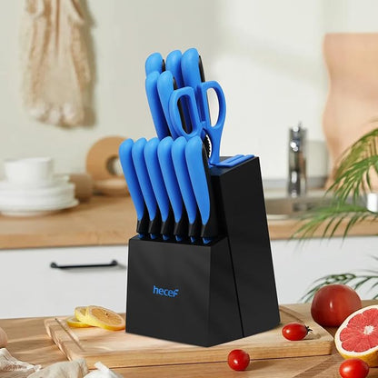 hecef 14 Pieces Kitchen Knife Set with Built-in Sharpening Wooden Block, Dishwasher Safe, High Carbon Stainless Steel Knife Block Set with Steak Knives, Kitchen Scissors (Blue)