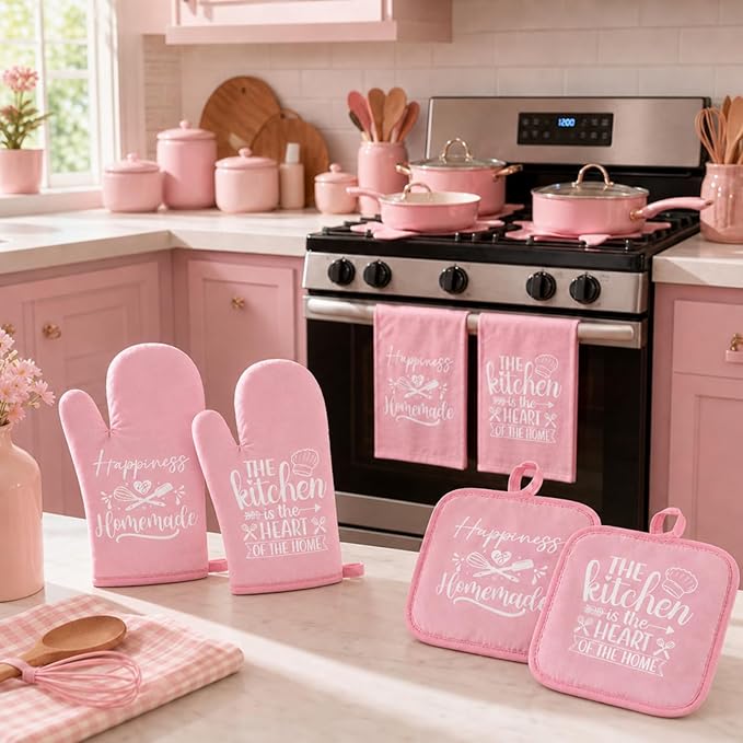Sratte 6 Pcs Pink Kitchen Decor Accessories Set Cute Farmhouse Towels Pot Holders Oven Mitts Set 2 Dish Towels 2 Potholders 2 Cooking Mittens for Baking Cooking House Supply(Pink, Kitchen)