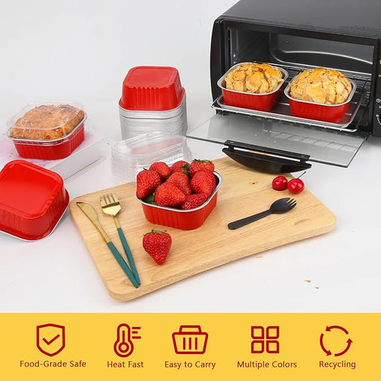 LNYZQUS Mini Cake Pans with Lids and Spoons,10oz Disposable Small Foil Baking Tins,40 Pack Individual Cake Containers for Home Bakers Bake Sales-Red,4x4 Square