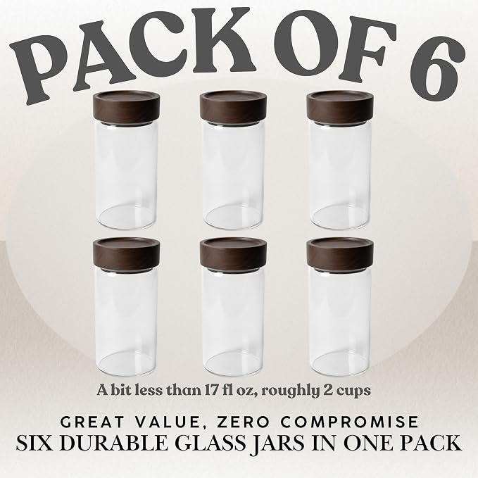 Wide Mouth Glass Storage Jars With 3" Acacia Wood Lids - 6 Pack of 16.9 Oz Airtight Food Storage Containers - Borosilicate Glass Canisters for Kitchen - Pantry Organizers Storage for Flour Rice Coffee