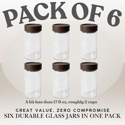 Wide Mouth Glass Storage Jars With 3" Acacia Wood Lids - 6 Pack of 16.9 Oz Airtight Food Storage Containers - Borosilicate Glass Canisters for Kitchen - Pantry Organizers Storage for Flour Rice Coffee