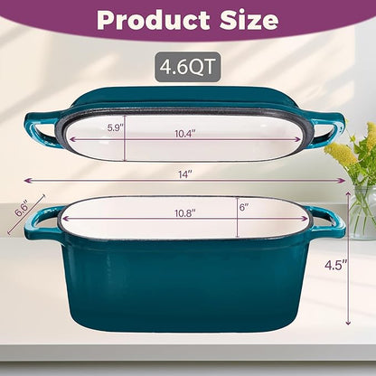 4.6-Quart Oval Dutch Oven for Bread Baking, 2 in 1 Enameled Cast Iron Bread Pan with Lid, Sourdough Baking Pan for a Crispy Crust, Teal