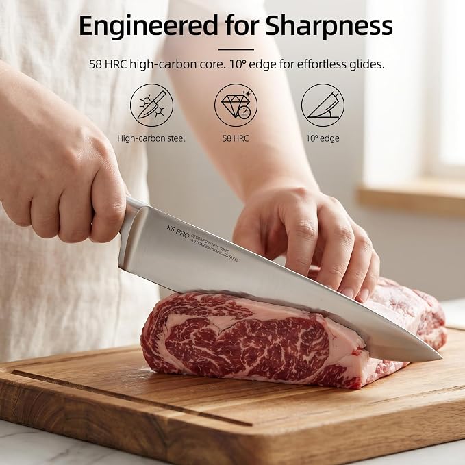 KnifeSaga Kitchen Knife Set with Block and Detachable 2-Stage Sharpener | 14-Piece Premium High Carbon Stainless Steel Knives with Ergonomic Anti-Slip Handle, Rubberwood Knife Block