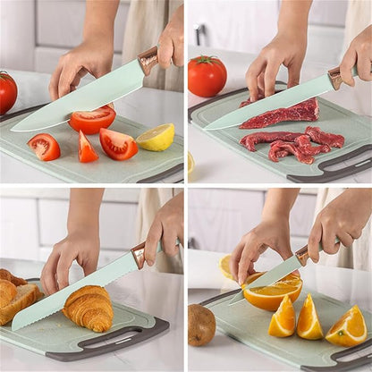 19 Pieces Kitchen Cooking Utensils and Knife Set with Holder Block, Include 11 Pcs Silicone Cooking Utensils 5 Pcs Sharp Stainless Steel Knives Scissors Whisk Tongs and Cutting Board (LIGHT BLUE)