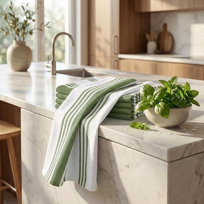 Urban Villa Kitchen Towels 100% Cotton Dish Towels for Kitchen (Set of 6)20”x30” Dish Cloths Highly Absorbent Kitchen Linen Set with Hanging Loop Perfect for Drying Dishes Cleaning Towels-Green White