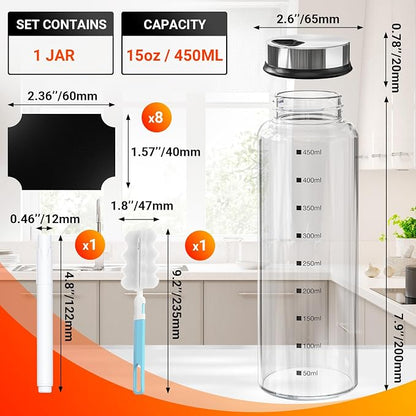 Segarty 15oz Spice Jar with Accessories, 1pc Empty Storage Container with Shaker Lid Adjustable Pour Holes Scale Lines for Pepper Sugar, Large Spices Container with 8 Blank Labels, 1 Brush 1 Chalk Pen