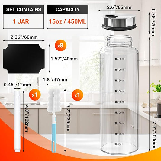 Segarty 15oz Spice Jar with Accessories, 1pc Empty Storage Container with Shaker Lid Adjustable Pour Holes Scale Lines for Pepper Sugar, Large Spices Container with 8 Blank Labels, 1 Brush 1 Chalk Pen