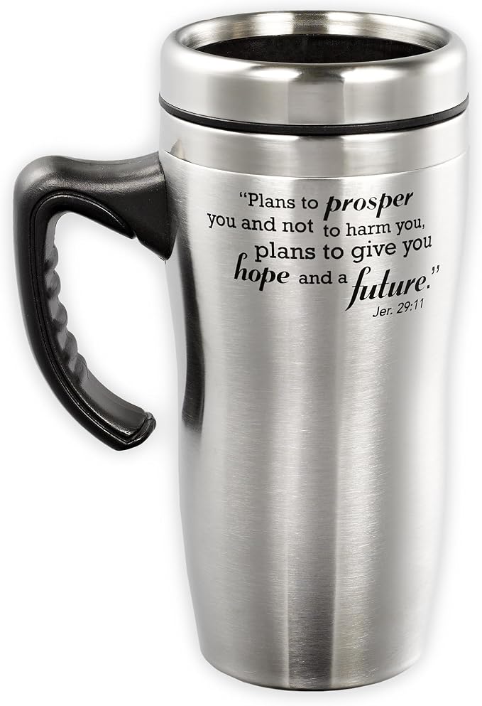 Christian Art Gifts Stainless Steel Double-Wall Vacuum Insulated Travel Mug 16 oz Tumbler and Coffee Cup with Lid and Handle BPA and Lead-free Eco-Friendly Mug - I know The Plans - Jeremiah 29:11