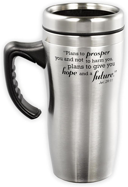 Christian Art Gifts Stainless Steel Double-Wall Vacuum Insulated Travel Mug 16 oz Tumbler and Coffee Cup with Lid and Handle BPA and Lead-free Eco-Friendly Mug - I know The Plans - Jeremiah 29:11