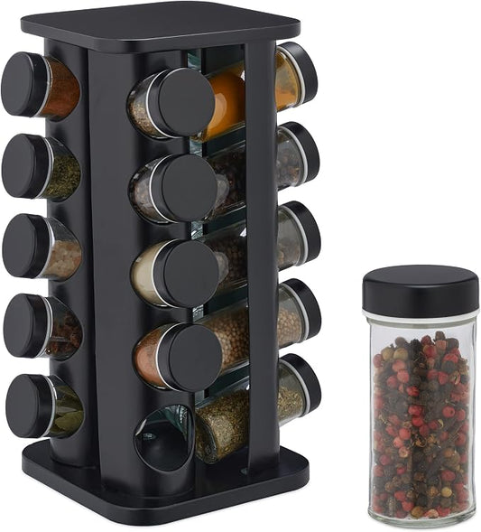 Relaxdays Spice Rack, 20 Glass Jars, Rotatable, Stainless Steel, H x D: Approx. 33.5 x 20 cm, Black