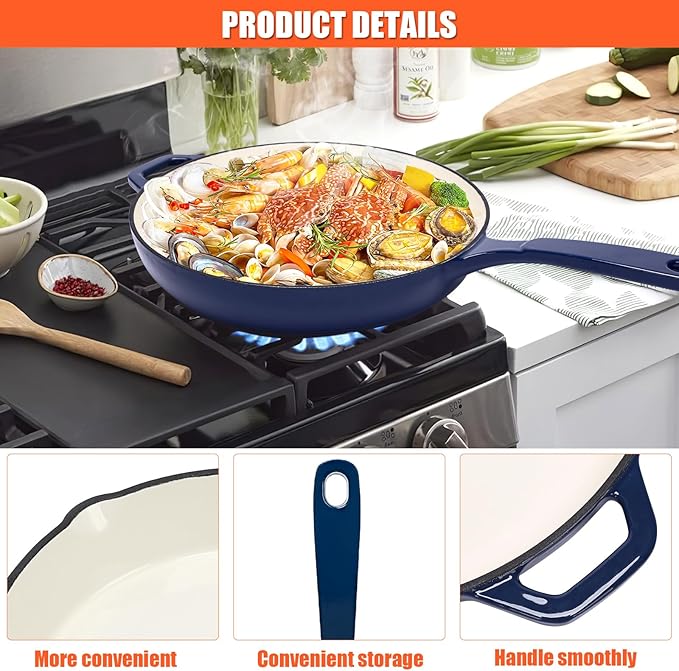 Nonstick Enameled Cast Iron Cookware - 3 enameled cast iron skillet 8-Inch, 9.5" Frying Pan & 11-Inch Large Cookware, Healthy Non Toxic Cooking Pan, PFOA PFAS PTFE Free, Navy