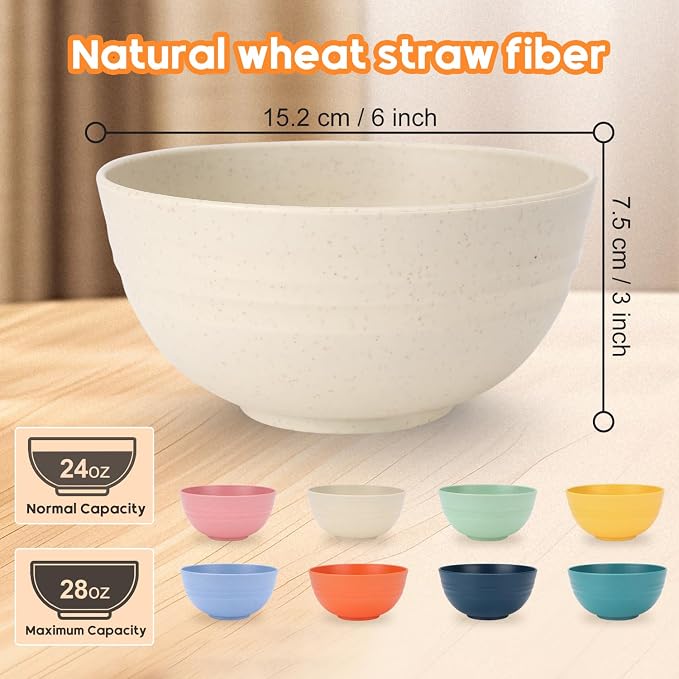 Unbreakable Cereal Bowls Set of 8, 26 Oz Wheat Straw Bowl Sets, Microwave & Dishwasher Safe Bowls for Kitchen, Reusable Plastic Bowl for Soup, Salad, Rice, Snack, BPA Free, Multicolor