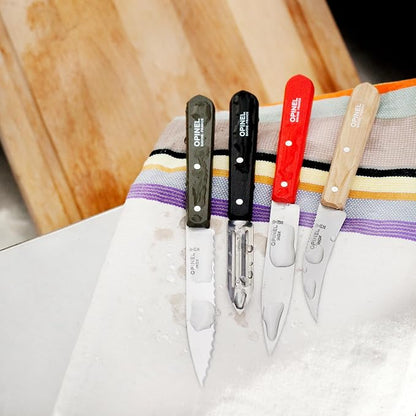 OPINEL Les Essentials - Small Kitchen 4 Piece Knife Set - Paring, Serrated, Peeler, Vegetable Knife, Corrosion Resistant High Carbon Steel, Made in France (Loft)