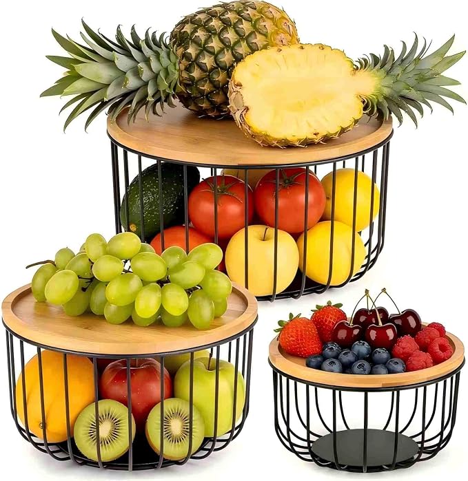 Stackable Fruit Basket for Kitchen Counter, 3-Piece Mesh Fruit Basket Set with Bamboo Lids, Large Decorative Produce & Vegetable Storage Organizer for Countertop