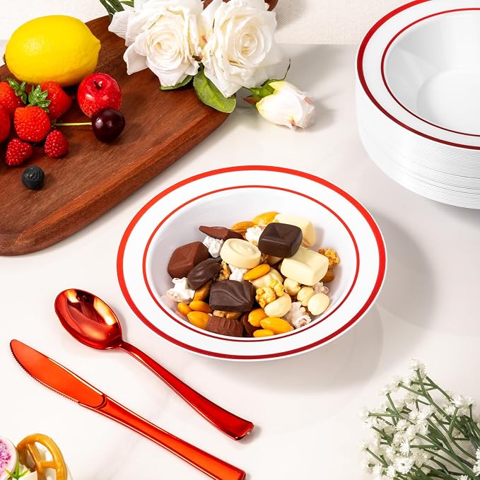 Goodluck 50 Pack Plastic Bowls with Red Rim, 12oz Disposable Soup Bowls, Heavy Duty Dessert Bowls for Weddings, Parties, Valentine's Day Dinners, Catering, Thanksgiving and Everyday Use