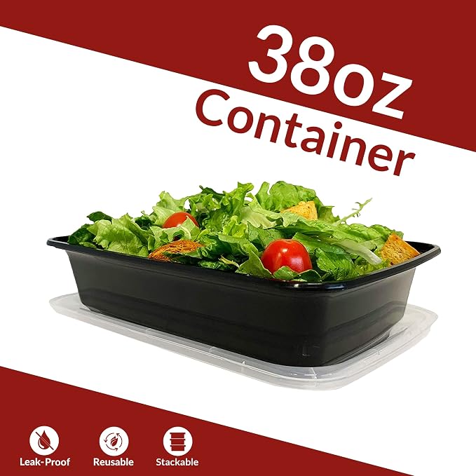 Reli. Meal Prep Containers, 38 oz. | 45 Pack | Large 1 Compartment Food Container w/Clear Lids | Microwavable Food Storage | Black Reusable Bento Box/Lunch Box for Food/Meal Prep