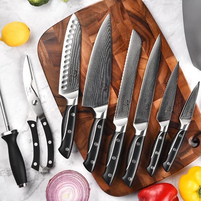 Damascus Kitchen Knife Sets, 9 Pieces Kitchen Knives Set with Block, ABS Ergonomic Handle for Chef Knife Set, Knife Sharpener and Kitchen Shears, Knife Block Set