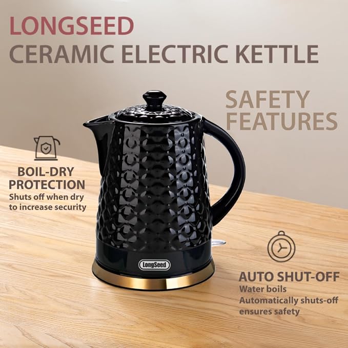 Ceramic Electric Kettle, 1.5L/1200W Boil Water Quickly and Easily with Boil-Dry Protection Auto Shut Off, Detachable Swivel Base, Black Relief Carving