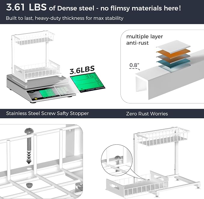 L-Shaped Under Sink Organizer, 2 Pack 2-Tier Pull Out Metal Kitchen Cabinet Organizer with Sliding Storage Drawer, Height Adjustable Heavy Duty Under Bathroom Sink Storage for Cleaning Supplies