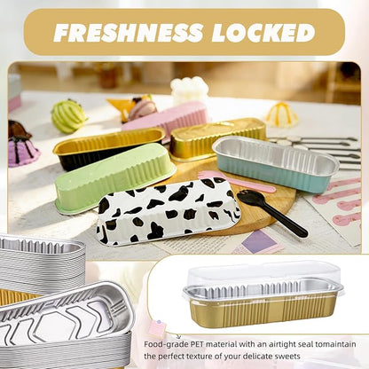 24 Pack Mini Loaf Pans, 7.5oz Mini Cake Pan & Mini Cupcake Pan Set – Disposable Aluminum Baking Pans with Lids, Spoons & Stickers, Premium Sturdy Gift Set for Cakes, Cupcakes, Desserts & Party Treats