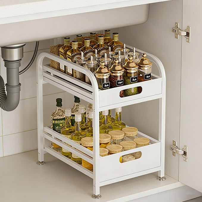 2 Tier Pull-out Storage Organizer, Slide Out Kitchen Cabinet Storage Sliding Shelves, Under Sink Organizers Drawer, Multi-Purpose Storage Rack for Kitchen Pantry, Bathroom Countertop Storage (White)
