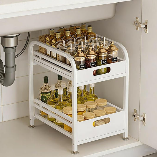 2 Tier Pull-out Storage Organizer, Slide Out Kitchen Cabinet Storage Sliding Shelves, Under Sink Organizers Drawer, Multi-Purpose Storage Rack for Kitchen Pantry, Bathroom Countertop Storage (White)