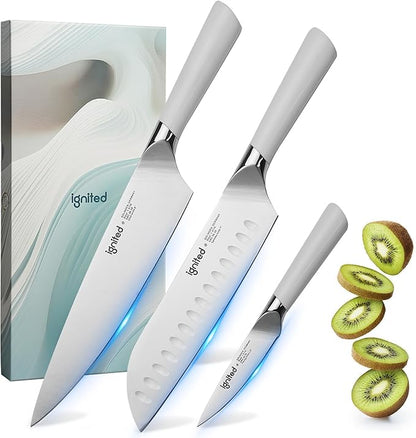 3 Piece Chef Knife Set - German Stainless Steel, Ergonomic Ivory White Handle, Full Tang Design Kitchen Knife Set, Ultra Sharp Chef Knives for Meat Vegetable Cutting, Ideal Gift for Chefs, Cooks