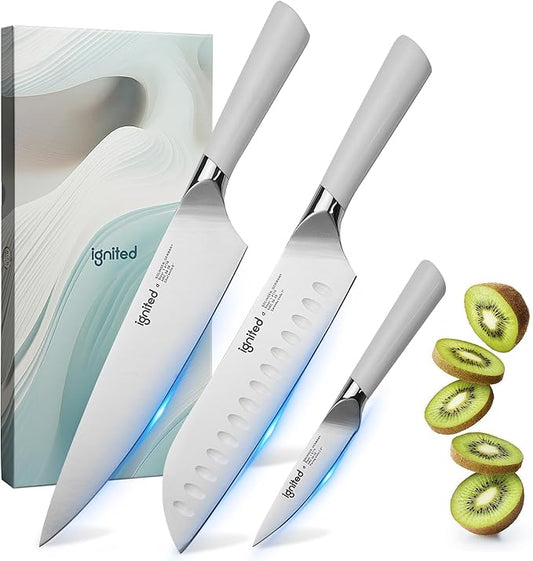 3 Piece Chef Knife Set - German Stainless Steel, Ergonomic Ivory White Handle, Full Tang Design Kitchen Knife Set, Ultra Sharp Chef Knives for Meat Vegetable Cutting, Ideal Gift for Chefs, Cooks