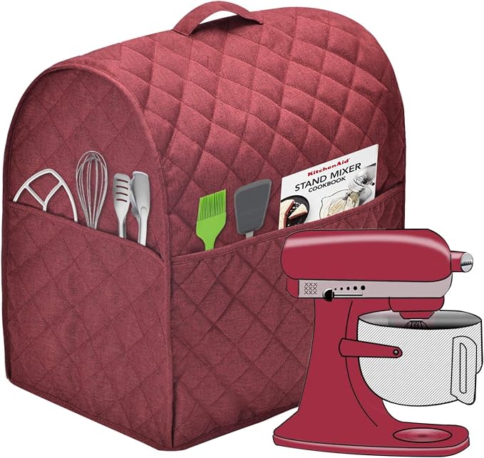Stand Mixer Cover compatible with Kitchenaid Mixer, Fits All Tilt Head & Bowl Lift Models with 3 Organizer Bag for Accessories. (Dark Red, For Bowl Lift 5-8 Quart)