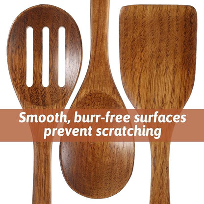 3PCS Wooden Spoons for Cooking 12 inch Non Scratch Woodens Spatulas Set Includes Slotted Spoon Woodens Spoon & Wooden Spatula for Stirring Frying Mixing Sauteing