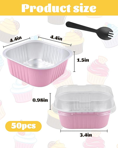 50 Pack 10oz Square Mini Cake Pans with Lids and Spoons,Aluminum Foil Baking Cups,Disposable Mini Loaf Pans Ramekins for Brownie, Cheesecake, Mousse & Wedding Party Favors-Pink