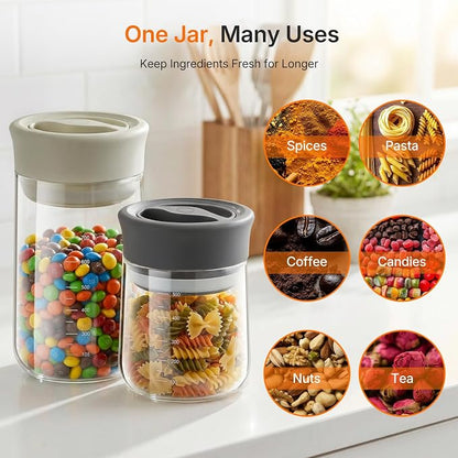 Upgraded Rotary Airtight Glass Jar with Lid, Borosilicate Coffee Storage Container, 800ml/27oz Stackable Pantry Organizer for Coffee Beans Grounds, Pasta, Flour, Nuts, Sugar, Candy, Snack