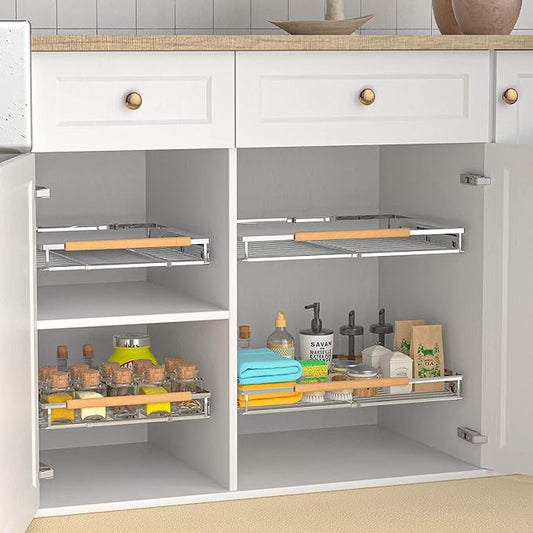 Pull Out Cabinet Shelf, Slide Out Cabinet Organizer Heavy Duty Under Sink, Anti Rust Kitchen Organizer Basket, Smooth Roll Expandable Sliding Drawer, 2 Pack Chrome 15.9''-26.2''