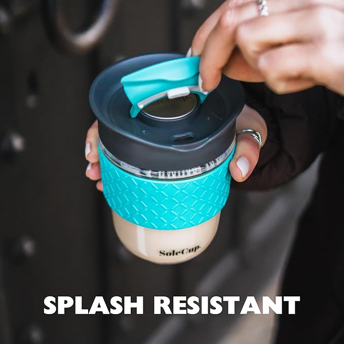 Reusable Strengthened Glass Travel Cup - Spill Proof Coffee Mug - 12oz/340ml BPA-Free Hot Drink Travel Mug with Lid & Silicone Band (Red, 12oz)