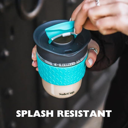 Reusable Strengthened Glass Travel Cup - Spill Proof Coffee Mug - 12oz/340ml BPA-Free Hot Drink Travel Mug with Lid & Silicone Band (Red, 12oz)