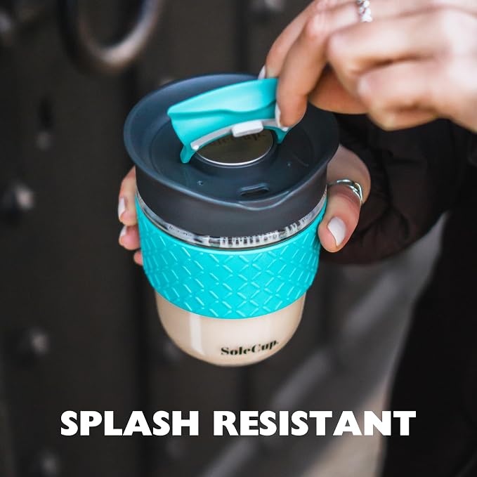 Reusable Strengthened Glass Travel Cup - Spill Proof Coffee Mug - 12oz/340ml BPA-Free Hot Drink Travel Mug with Lid & Silicone Band (Gray and Pink, 12oz)