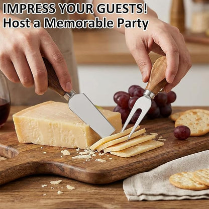 6-Piece Stainless Steel Cheese Knife Set with Slicer, Cutter, Fork and Spreader, Ideal for Charcuterie Boards and Elegant Cutlery Gift Collection (Acacia-Box)