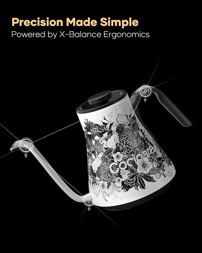 Cocinare Artisan Blossom Gooseneck Electric Kettle, ±1℉ Precise Temperature Control for Pour-Over Coffee & Tea, Quick Heating 1500W, Stainless Steel Interior, 0.9L