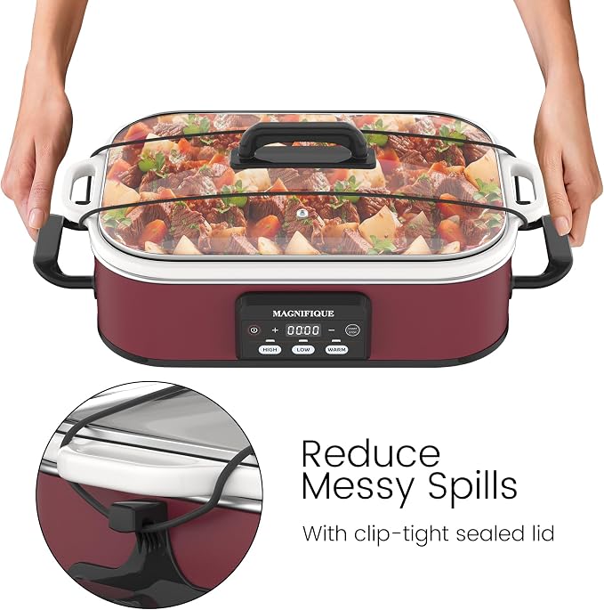 4 Quart Casserole Programmable Slow Cooker with Ceramic Baking Dish - Perfect Kitchen Small Appliance for Family Dinners, Oven Safe and Durable Bakeware for Lasagna, Roasts, Red