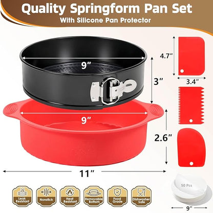 MASSUGAR 9 Inch Springform Pan, Nonstick Cheesecake Pan with Silicone Protector, 50 Pcs Parchment Paper Liners & 3 Cake Scrapers, No Leaks in Water Bath, Leakproof Round Cake Pan with Removable Bottom