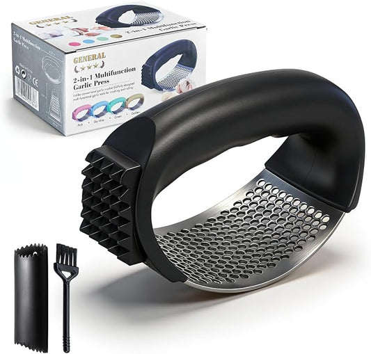 Garlic Press Rocker 304 Stainless Steel Garlic Mincer Crusher Easy to Clean Dishwasher Safe Textured End for Light Tenderizing, with Silicone Peeler and Cleaning Brush