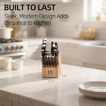 KnifeSaga Knife Set with Block, Japanese 15 PCS Ultra Sharp Ktichen Knives Set, High Carbon Stainless Steel Knife Block Set with Sharpener, Professional Knives with Ergonomic Handle for Home Chefs